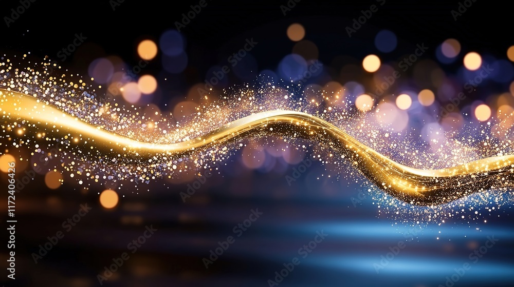 Poster shimmering gold wave with colorful bokeh background effects