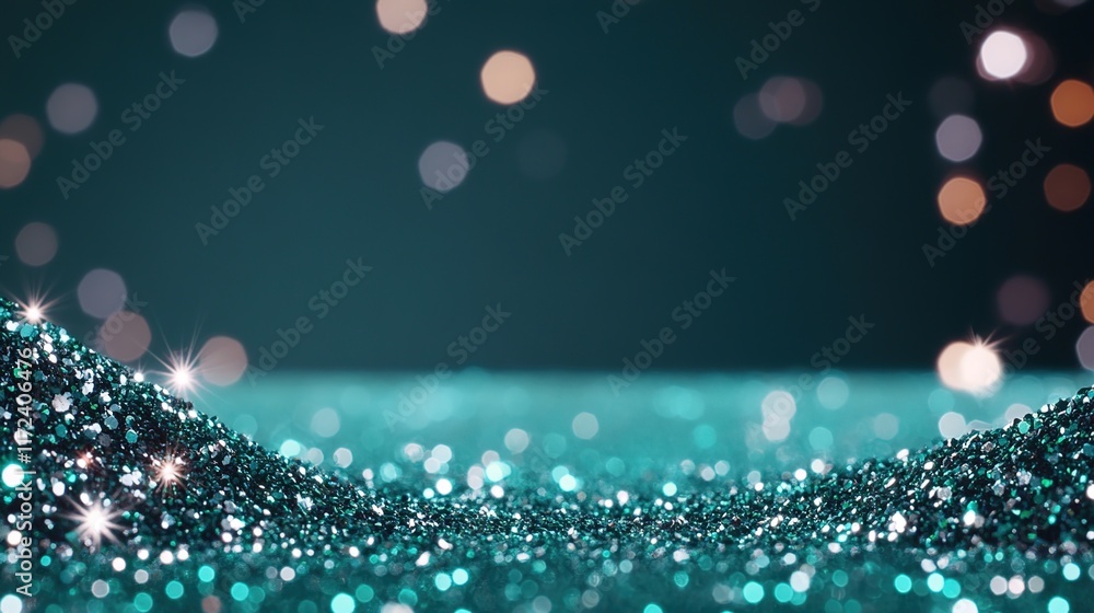 Poster shimmering teal glitter background with sparkles and bokeh effect