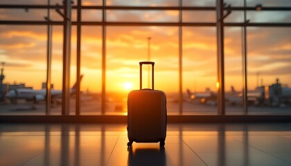 A black hardshell carry-on roller luggage sits unattended at baggage reclaim area at airport at sunset, its sleek design catching last rays of day, generated with ai