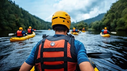 Fototapeta premium Kayakers Navigating a Serene River Amidst Lush Greenery and Cloudy Skies in a Scenic Outdoor Adventure