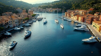 Fototapeta premium A picturesque coastal view featuring yachts docked in a serene harbor surrounded by charming buildings and lush hills.