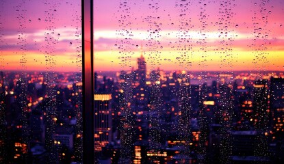 Fototapeta premium Rainy City Sunset View from High Rise