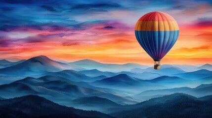 Fototapeta premium A photostock of a colorful hot air balloon floating in the sky with mountains in the background