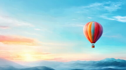 Fototapeta premium A photostock of a colorful hot air balloon floating in the sky with mountains in the background