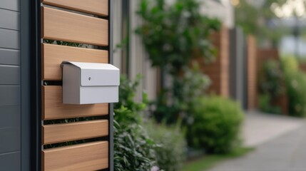 Modern Mailbox on Stylish Wooden Fence in Contemporary Residential Neighborhood Garden