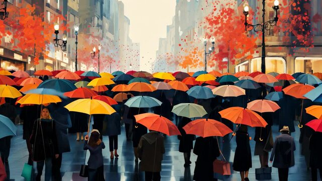 People walk along a bustling city street, using colorful umbrellas to shield themselves from the rain. The street is lined with tall buildings and the sky is overcast