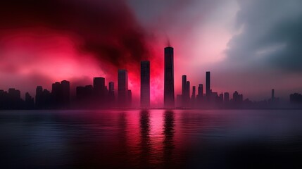 Fototapeta premium Majestic City Skyline at Dusk with Dramatic Shades of Red