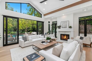 Relaxing living room with modern elegance backyard view interior design bright atmosphere cozy concept