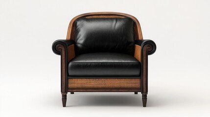 Black leather armchair, rattan frame, studio shot, white background, furniture catalog