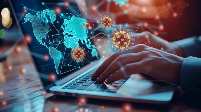 Global pandemic monitoring through a digital interface showing COVID-19 spread, with a person using a laptop to analyze data