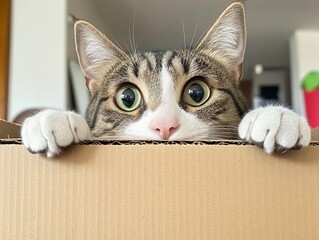 Cat in a Box: A tabby cat with wide, curious eyes peeks over the edge of a cardboard box