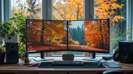 Modern Home Office Setup with Dual Monitors Displaying Autumn Forest Scenes and Contemporary Decor