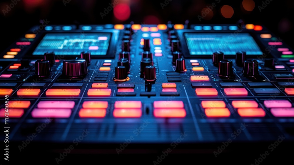 Poster close-up of a vibrant dj controller with illuminated buttons and screens