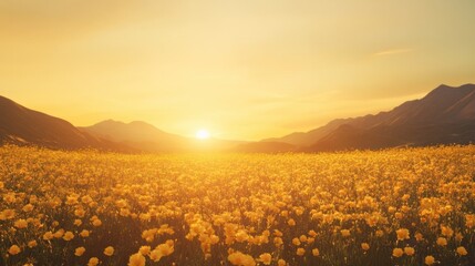 A golden sunrise casting a warm glow over a tranquil field of yellow marigolds under a clear sky