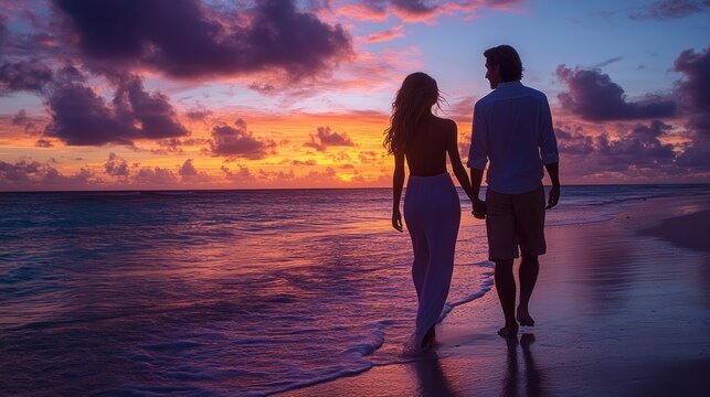 Couple holding hands, beach sunset stroll, romantic getaway.
