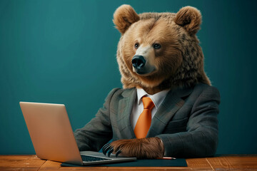 Portrait of a professional bear dressed in a business suit and orange tie, working diligently on a laptop at a wooden desk