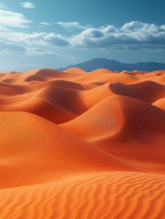 A vast expanse of orange sand dunes under a blue sky with scattered clouds.