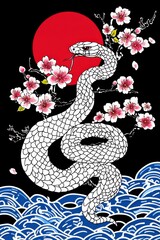 Fototapeta premium White Snake with Cherry Blossoms - Japanese Inspired Art