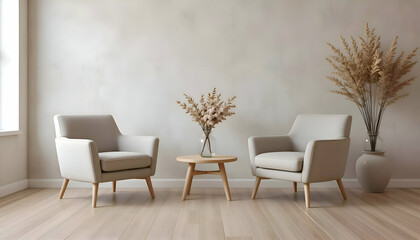 Modern Scandinavian Living Room with Gray Armchairs and Minimalist Design. Cozy Nordic Living Room Interior with Gray Chairs and Cream-White Walls.