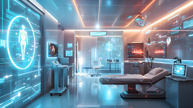 A high-tech hospital room with digital patient monitor