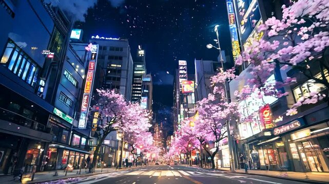 Dynamic anime background: bustling city at night illuminated by colorful neon lights and skyscrapers