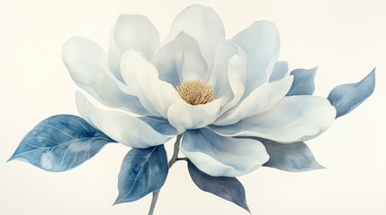 soft watercolor painting of blooming magnolia flower with blue leaves