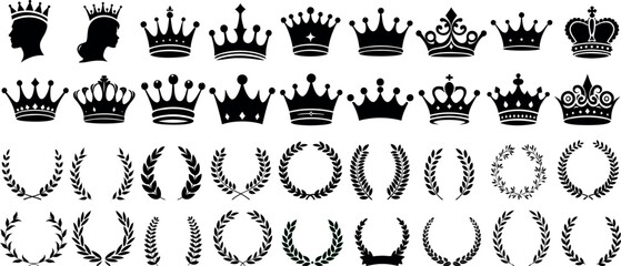 Crown laurel wreath silhouette set, royalty icons, vintage design elements, crowns, laurel wreaths  vector art, elegant symbols for logos, emblems, regal themes, heraldry designs © Arafat