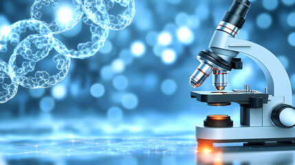 blurred background of a microscope in a lab. Concept of research and cure against cancer, rare diseases and pharmaceuticals. Copy space
