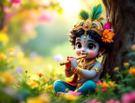 Adorable Krishna Plays Flute in Vibrant Garden