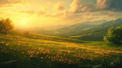 Obraz premium A picturesque countryside landscape as golden sunlight casts a glow on yellow wildflowers scattered across a lush green meadow