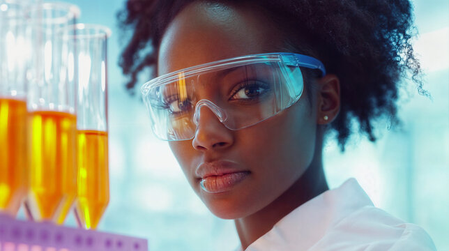The image shows a person wearing safety goggles and a white lab coat, standing in front of a rack of test tubes filled with a yellow liquid