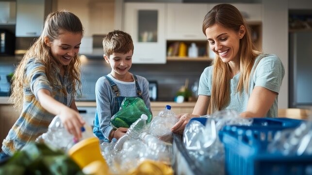 Family recycling together in kitchen with caucasian female adult and children sorting plastic