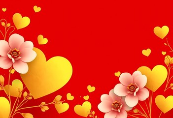 Golden Hearts Pink Flowers Red Background Romantic Design