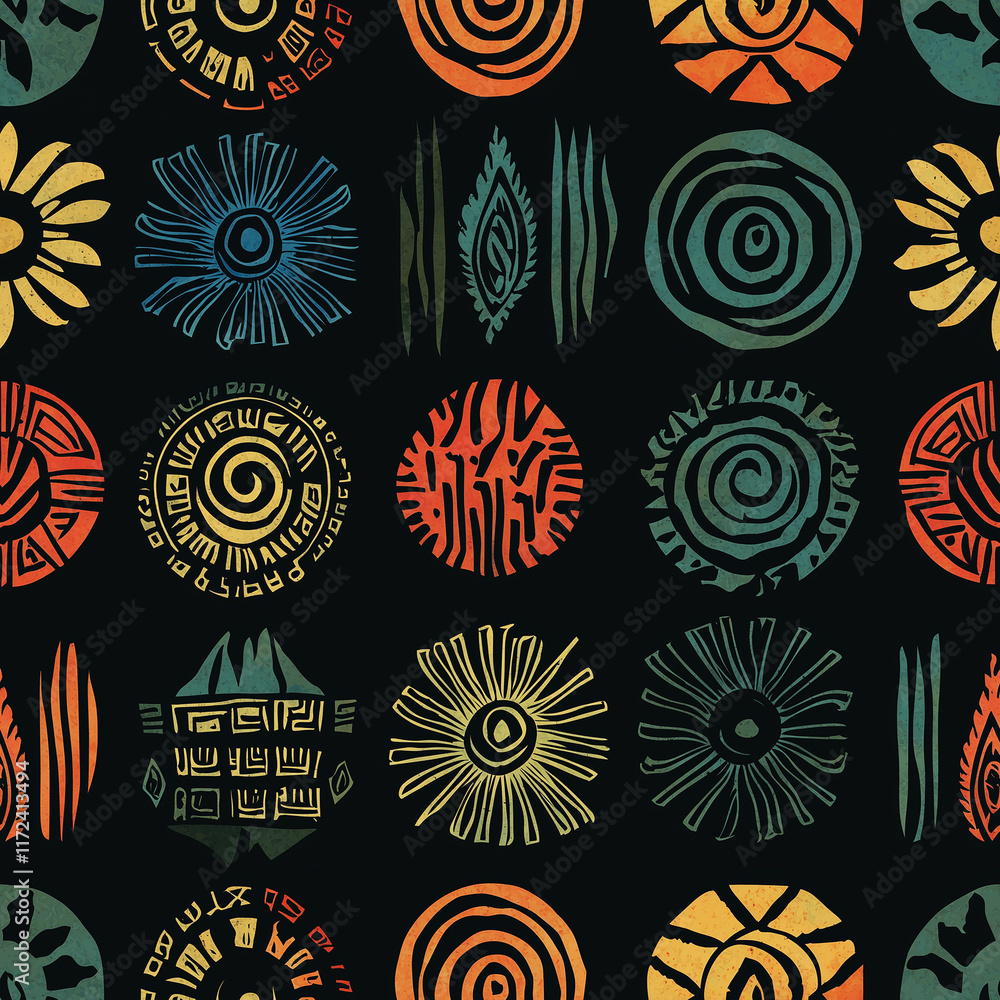 Poster colorful abstract patterns featuring circular designs and various textures on a dark background, sui