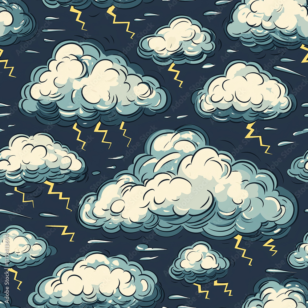 Poster colorful pattern of clouds with lightning on a dark background, creating a whimsical and dynamic atm