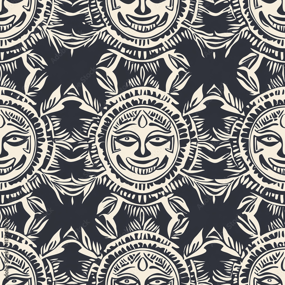 Poster this image features a repeating pattern of smiling sun motifs in a monochromatic design, creating a 