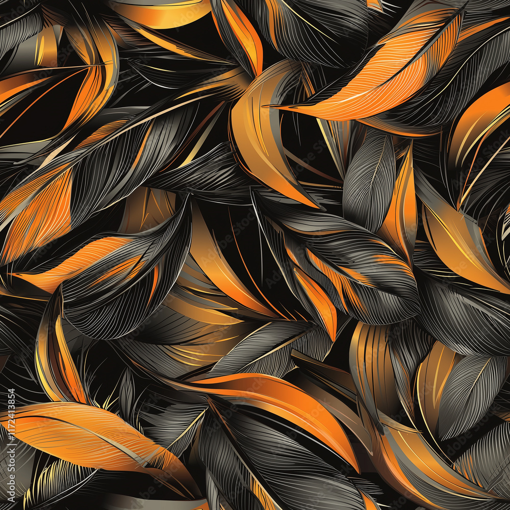Poster vibrant abstract pattern featuring swirling leaves in orange and black tones, creating a dynamic vis