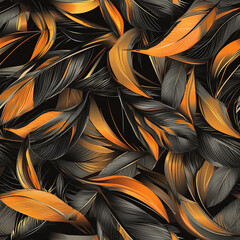 Vibrant abstract pattern featuring swirling leaves in orange and black tones, creating a dynamic visual effect.