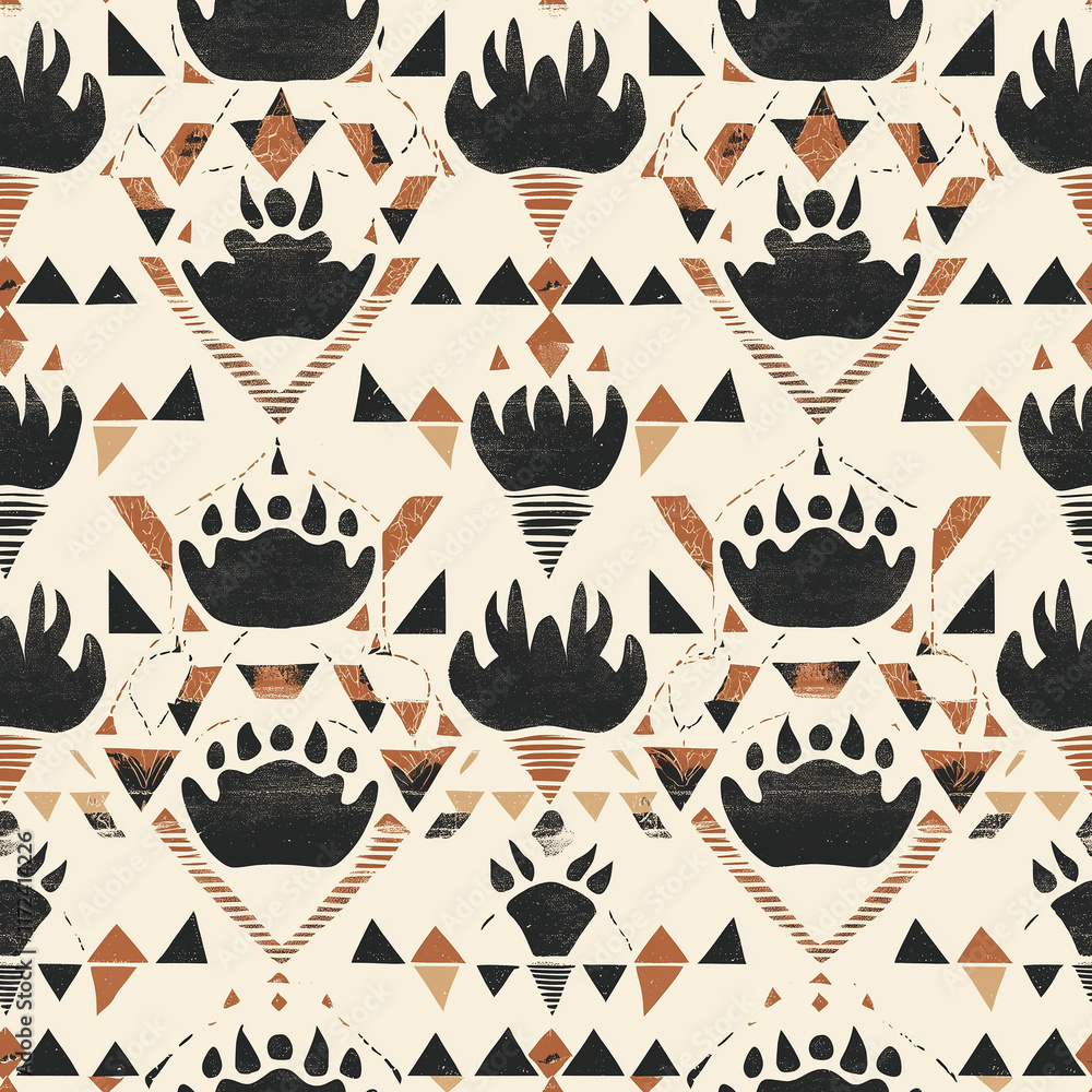 Poster geometric pattern featuring bear paw prints and triangles in earthy tones on a cream background, cre