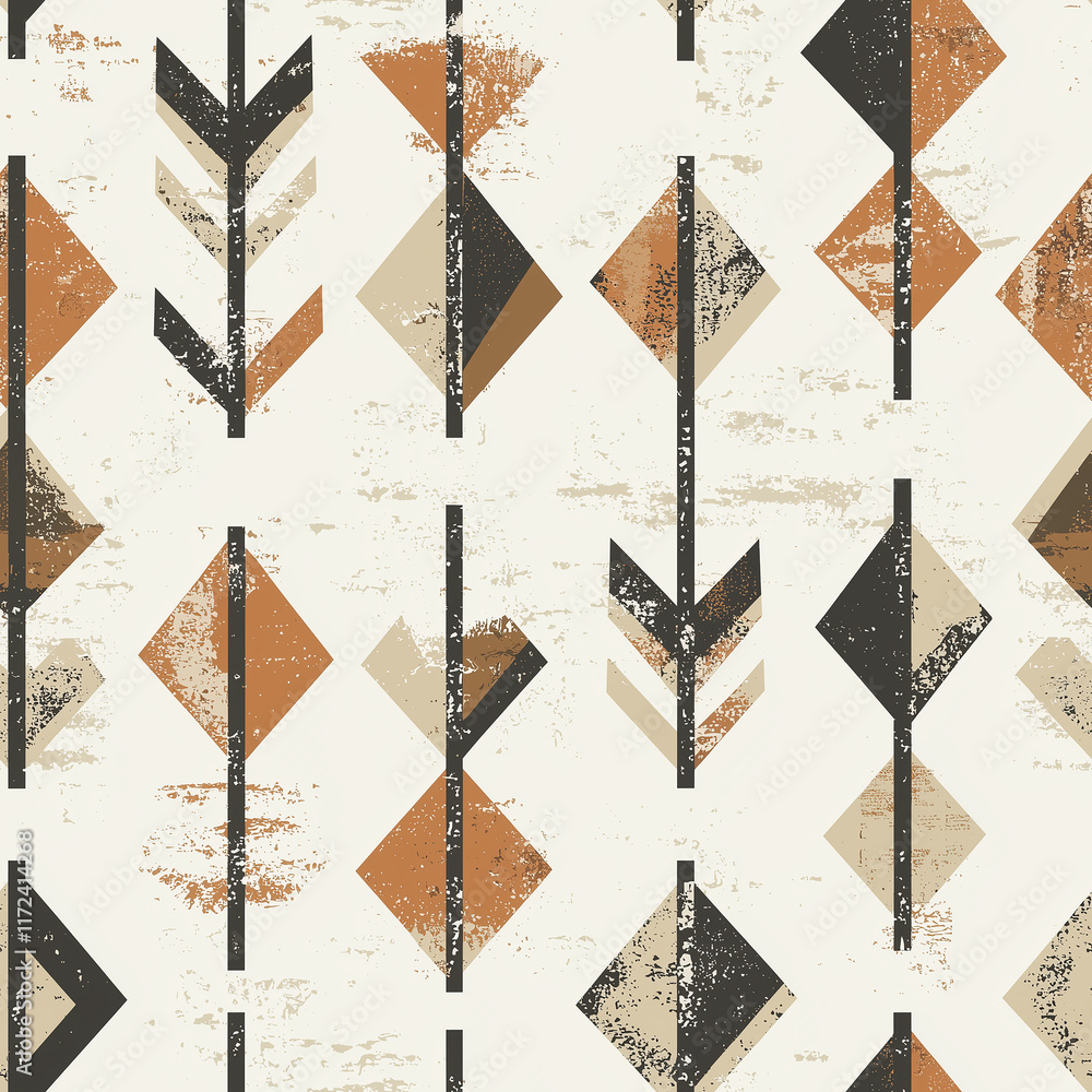 Aufkleber geometric pattern featuring arrows and diamonds in earthy tones on a light background, creating a mo