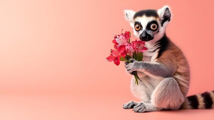 Obraz premium Curious ring-tailed lemur holding bright flowers against a soft pink background