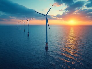 A serene sunset over offshore wind turbines, highlighting renewable energy in harmony with nature.