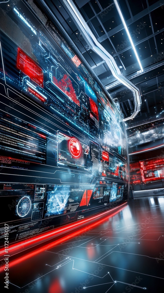 Poster futuristic data analysis display high-tech facility digital interface modern environment immersive v