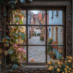 Cobblestone lane viewed through window with flowers, autumn vines, medieval town