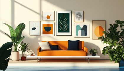 Modern Living Room Interior Design with Orange Sofa Minimalist Artwork and Tropical Plants