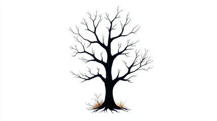 Obraz premium Bare Black Tree Silhouette with No Leaves and Grass on White Background for Design and Art