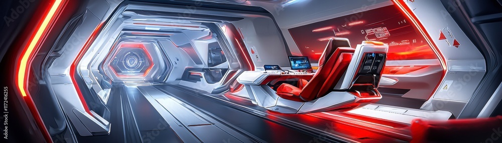 Poster futuristic command center exploration sci-fi space station digital art high-tech environment wide an