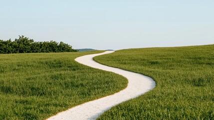 Obraz premium Serene Winding Path Through Lush Green Grass Under Bright Clear Sky in Peaceful Landscape