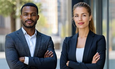 Confident Business Professionals Portrait:  A Man and Woman in Suits Showcasing Success and Teamwork