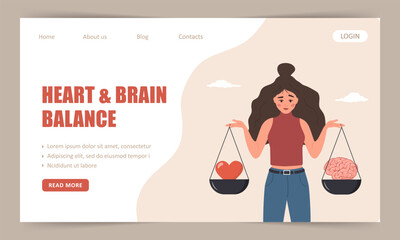Heart and Brain Balance. Landing page template. Woman holding scales with brain and heart in hands. Control feeling and emotion concept. Vector illustration in flat cartoon style.